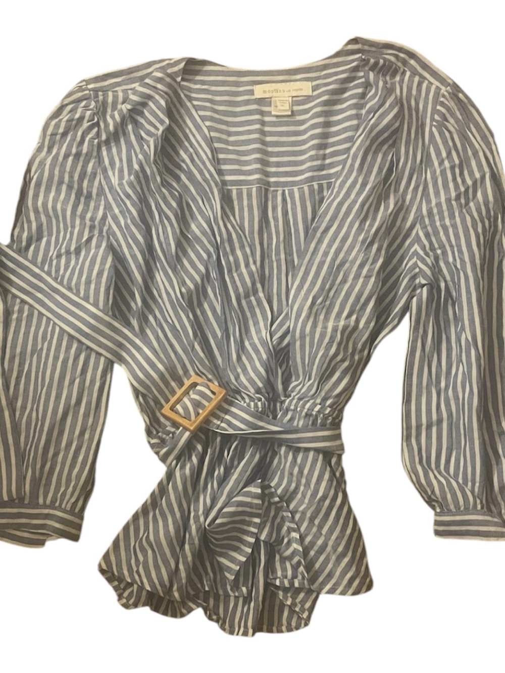Monteau Blue and White Striped Wrap Blouse with Belt